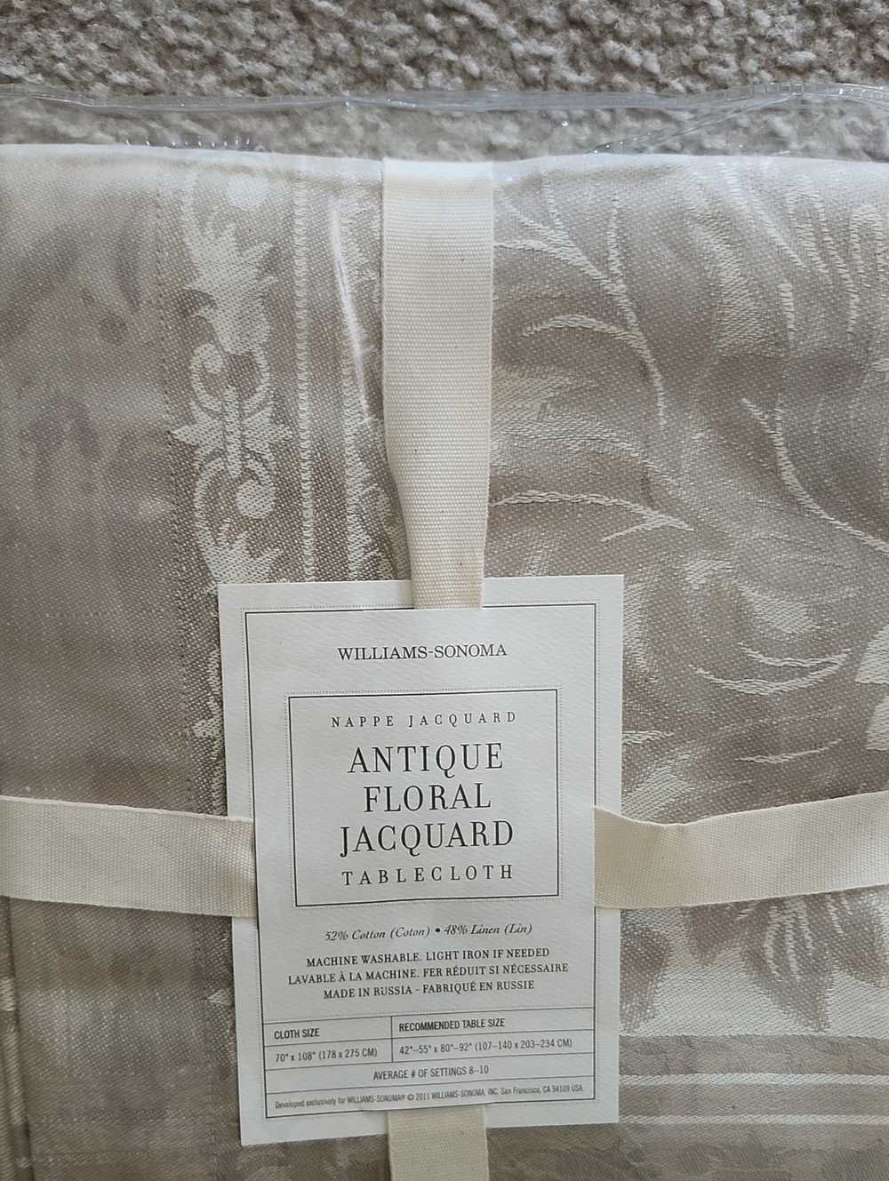 Williams Sonoma Floral Jacquard Tablecloth Beige Damask 70"x108" Cotton Linen